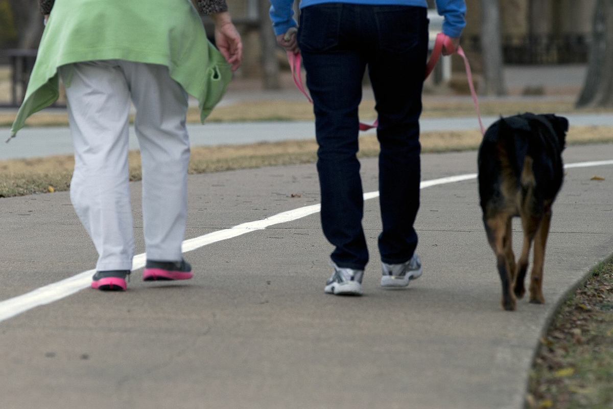 Walking - two women and dog - outside track