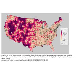 A map of the United States indicates distances to the nearest stroke hospital