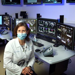 Tammy M. Brady M.D., Ph.D. reviewing scans