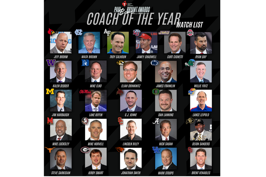 Paul “Bear” Bryant Awards announce 2023 college football coaches watch list