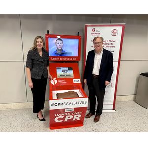 Jennifer Durbin and Peter Matt at the DFW Airport CPR training kiosk