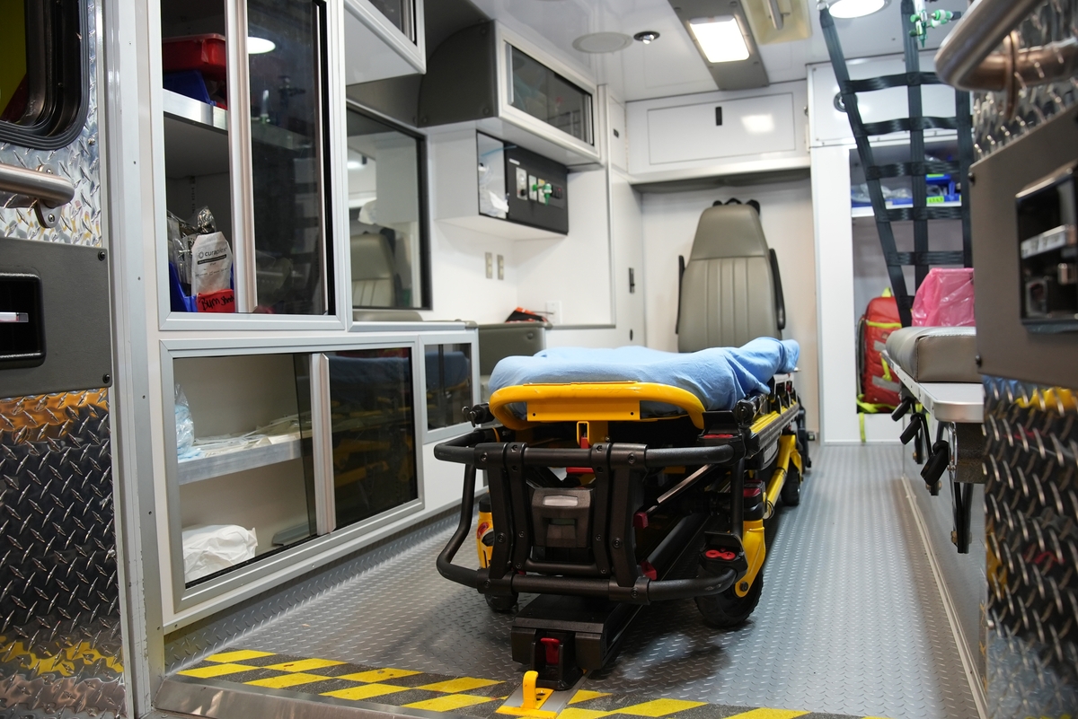 Ambulance interior with gurney