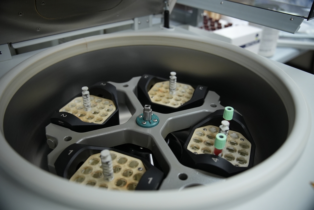 Lab centrifuge with vials close up