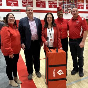 CPR in Schools L-R Megan Vargulick AHA Dan Ireland RRH Deborah Matzan PMCSD LeKeyah Wilson RRH Dave Landon PMCSD