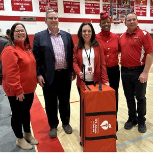 CPR in Schools L-R Megan Vargulick AHA Dan Ireland RRH Deborah Matzan PMCSD LeKeyah Wilson RRH Dave Landon PMCSD