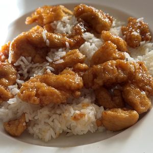 Orange chicken on white rice