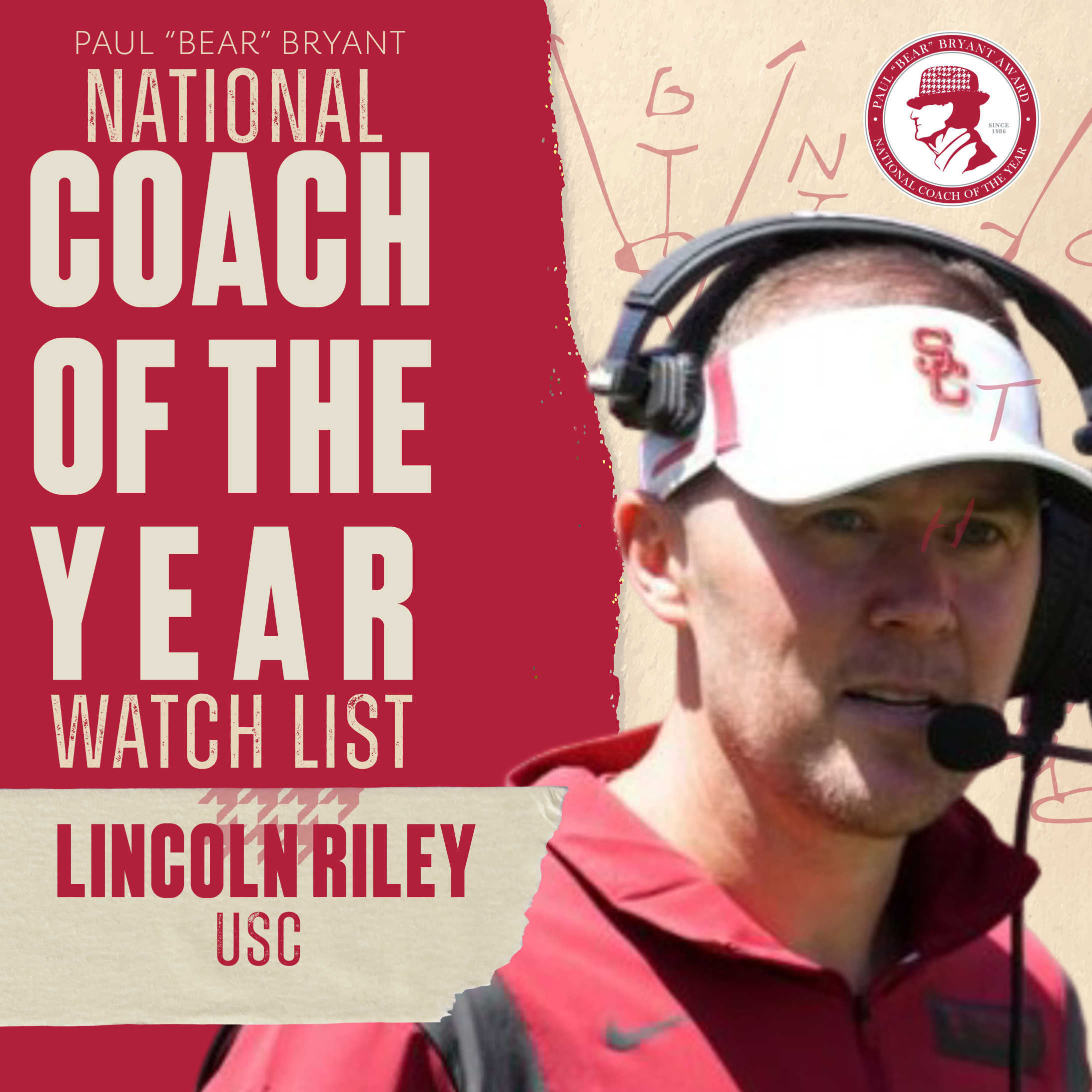 USC football coach Lincoln Riley named to Paul “Bear” Bryant Awards 2025 Coach of the Year Award watch list
