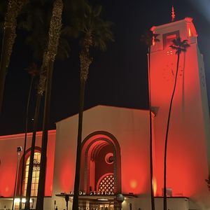 Los Angeles Union Station bathed in red light during National Wear Red Day in 2023 