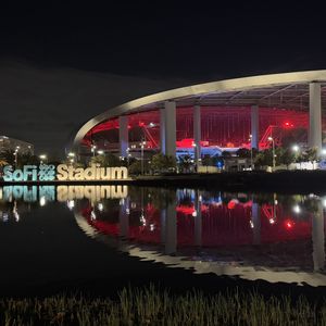 SoFi Stadium glowed in red lighting on National Wear Red Day in 2025