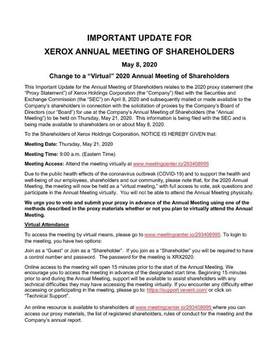 Xerox Notice of Change to Virtual Annual Meeting of Shareholders